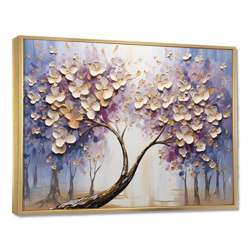 Arbre en fleurs avec fleurs blanches I, H 12 po x l 20 po, Cadre flottant noir, bois massif