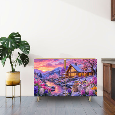 Sideboard Buffet Cabinet with Storage Cozy Mountain Cabin Spring Snow Blooming Flowers Bunnies with 2 Doors for Living Room and Kitchen