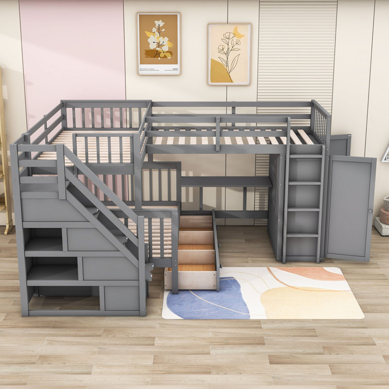 Ilina Twin over Full 3 Drawer L-Shaped Bunk Bed with Built-in-Desk by Harriet Bee, Gray