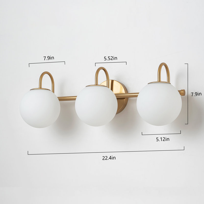 Kaynen Dimmable Vanity Light With Milky - White Spherical Glass Shades, 3 Lights, Gold