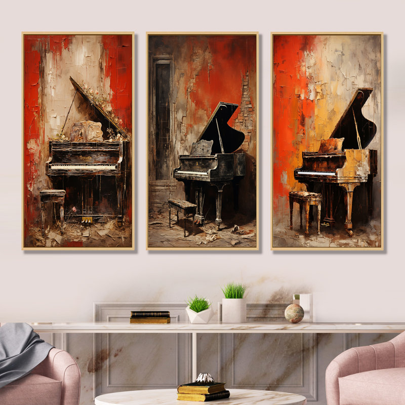 Ensemble de salon Vintage Piano Timeless Tunes - Music Piano Wall Art, Cadre flottant brun, H 40 po x l 60 po