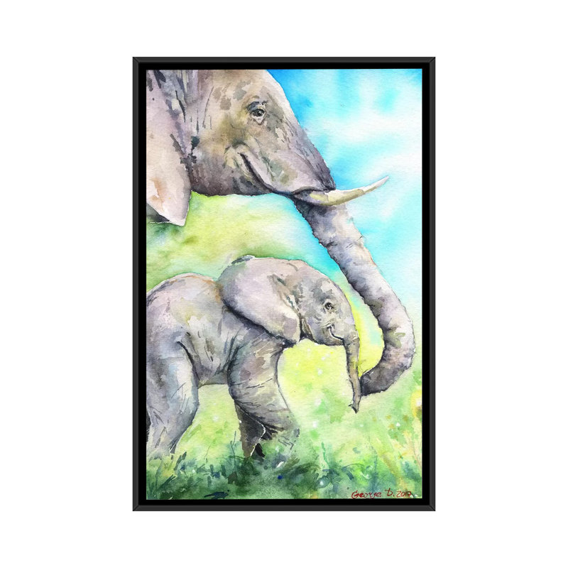 « éléphants happy family », reproduction sur toile, H 26 po x l 18 po x P 1,5 po, Toile encadrée noire, Pas de tapis
