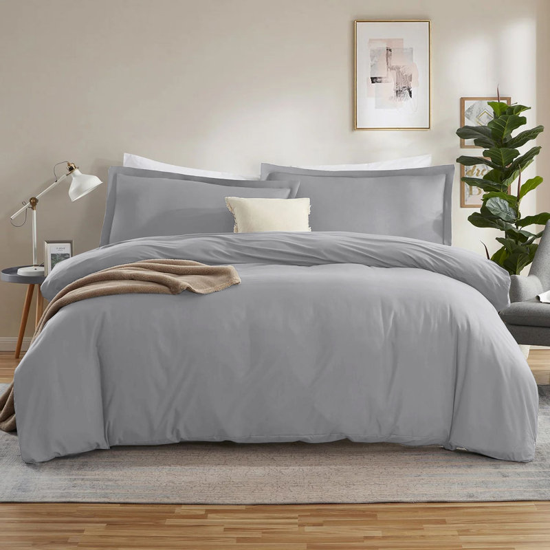 300TC Microfiber Duvet Cover Set – Reversible Luxury 3-Piece, Silver, Double Duvet Cover + 2 Standard Pillowcases