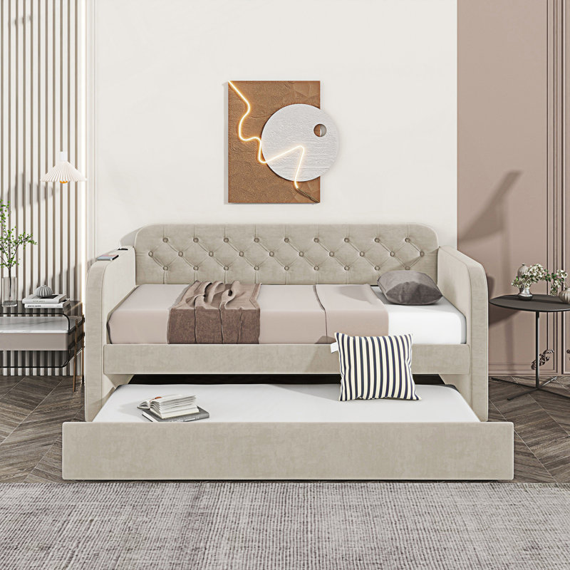 Twin Size Upholstered Daybed With Trundle And Usb Charging Design, Upholstered Daybed Frame, Twin Sofa Bed, Light Beige