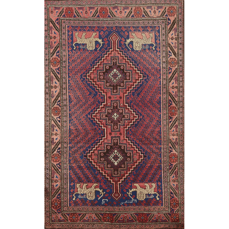 Tapis oriental à motif végétal bleu animaux 4 x 6