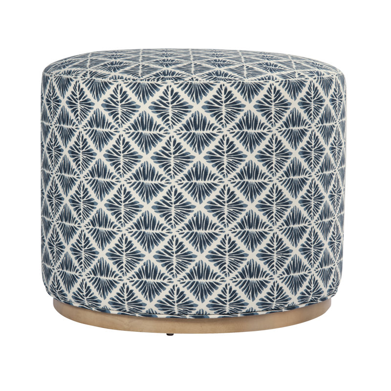 Cloud Ottoman With Wood Base - Cream Boucle, Blue Geometric