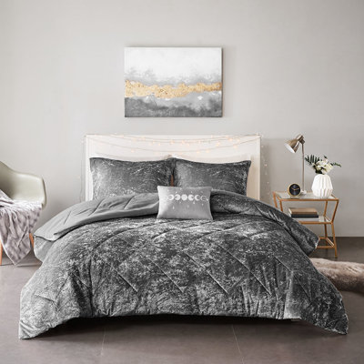 Édredon simple / simple TG en velours gris - Design luxueux avec coussin décoratif et taie décorative inclus