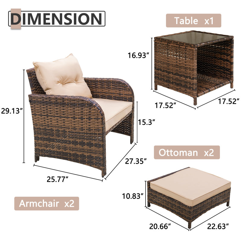 Beige Cushioned Brown Wicker 5-Piece Patio Conversation Set