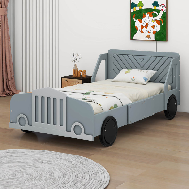 Skylon Twin Size Car-Shaped Platform Bed with Wheels, Gray