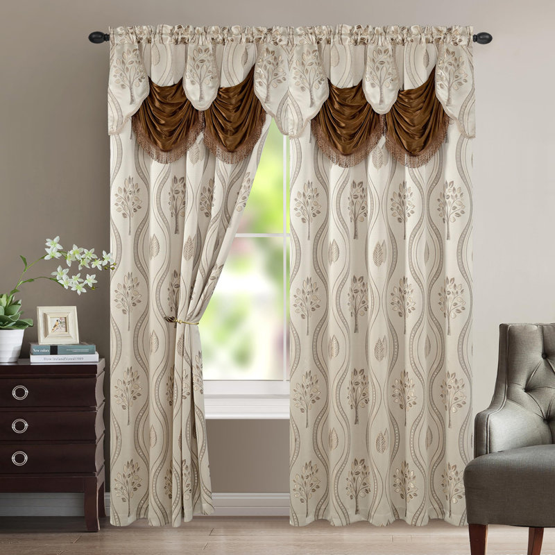 Elegant Comfort Jacquard Look Curtain Panel Set with Attached Valance 54" X 84 inch (Set of 2), Beige
