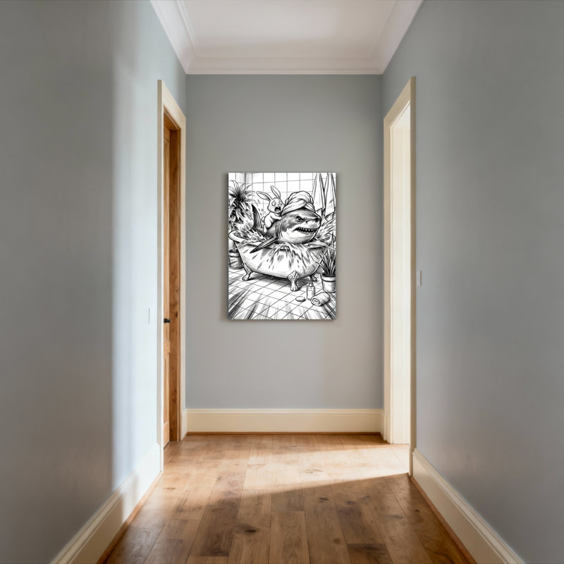 Requin dans une baignoire avec un lapin, toile tendue sur fond noir et blanc, H 18 po x l 12 po