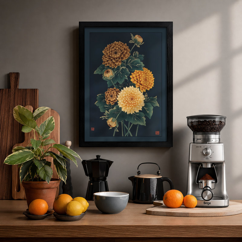 Chrysanthemum Study Botanical - Framed Print, A1 - 84.1 x 59.4 cm, Black