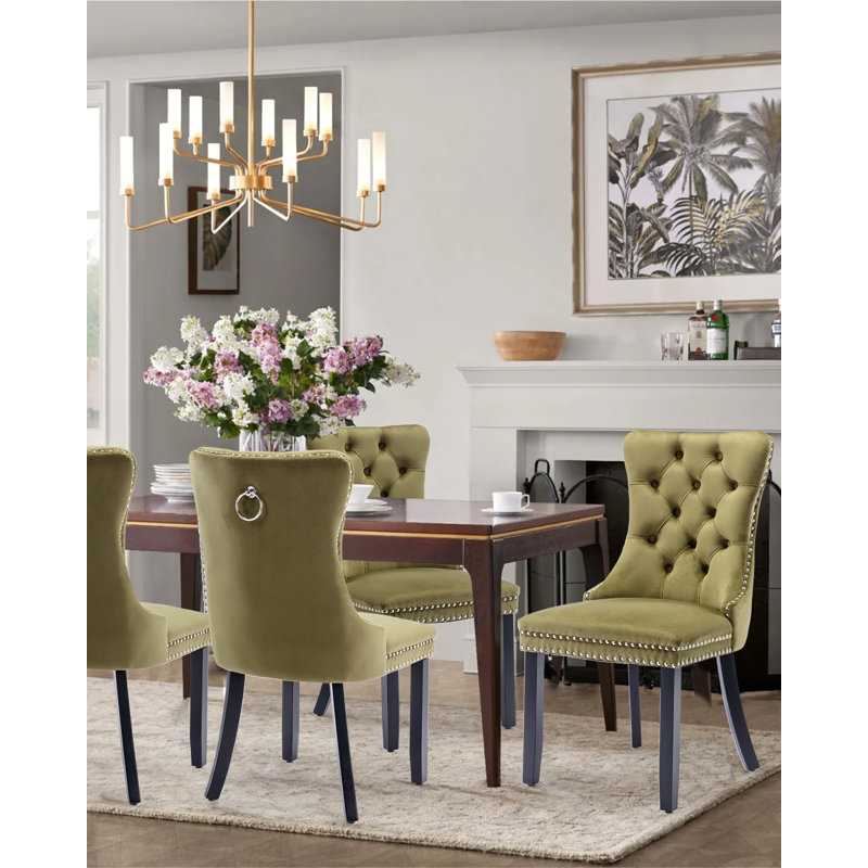Velvet Dining Chairs, Upholstered High-end Tufted Dining Room Chair with Nailhead Back Ring, Black, Beige
