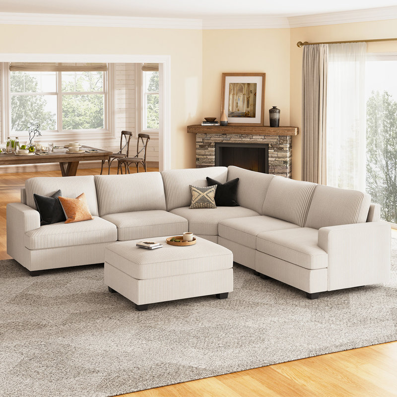 Canapé modulaire en U avec repose-pieds Anureet, Velours côtelé beige, Non