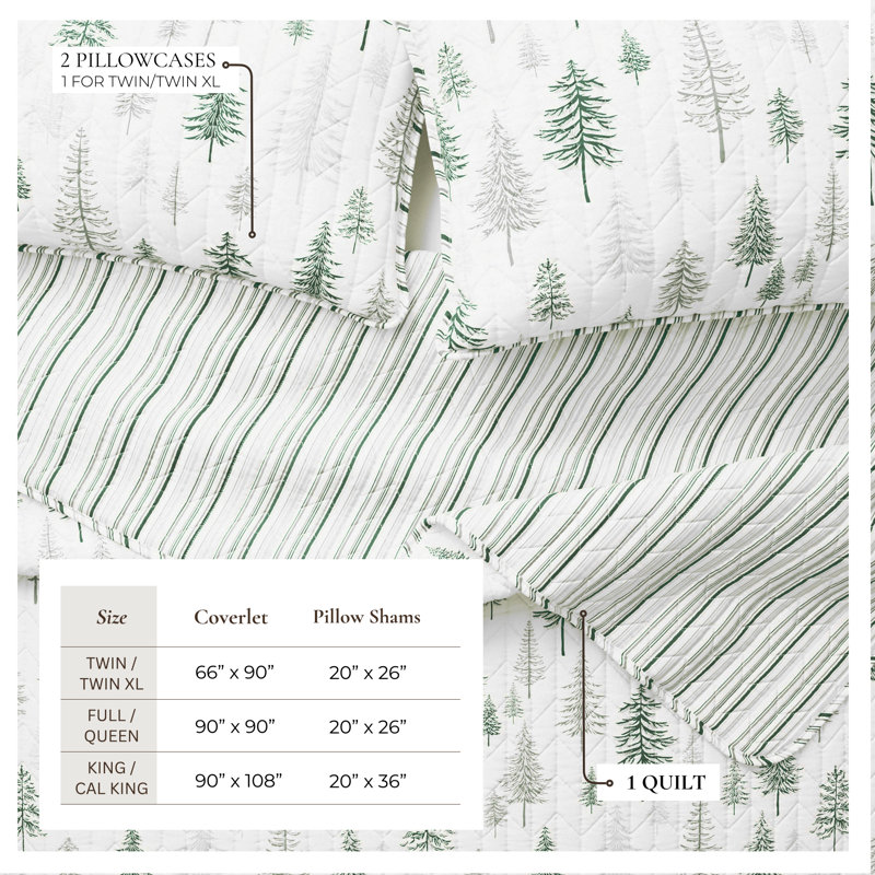 Ensemble de courtepointe réversible en microfibre Lodge Woodland and Patchwork, Twin/Twin XL Quilt + 1 Sham, Gris / vert