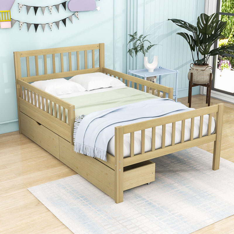 Lit plateforme en bois avec tiroirs de rangement intégrés et garde-corps de sécurité, Lit simple