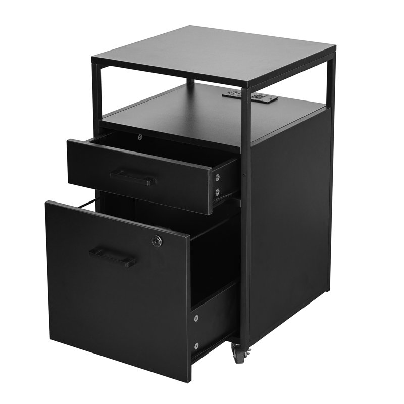 Classeur moderne à 2 tiroirs avec tiroir verrouillable, 2 ports de chargement USB et prise de courant, et roues verrouillables