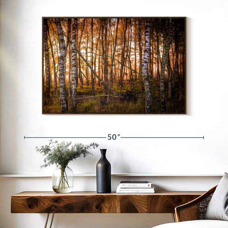 Forêt de bouleaux sombre, Cadre flottant noyer, 40 po x 27 po