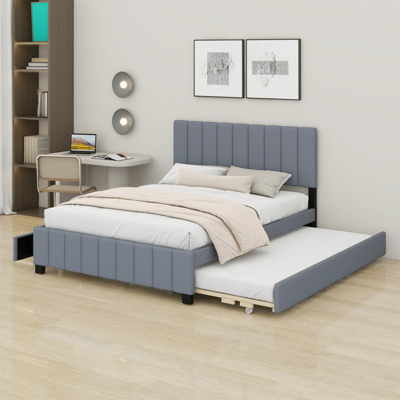 Lit plateforme tapissier avec 2 tiroirs et lit gigogne, gris