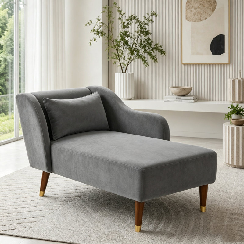 Chaise longue en velours orange avec dossier inclinable et coussin, Velours orange