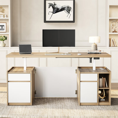 71"W - Electric Height Adjustable Standing Desk Modern Executive Office Desk With Privacy Panel, Charging Station, 3 Drawers, Adjustable Shelves And A by Latitude Run