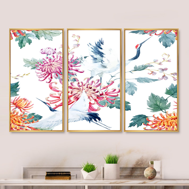 Oiseau grue avec fleurs - 3 pièces, reproduction sur toile, H 28 po x l 36 po x P 1 po, Cadre doré
