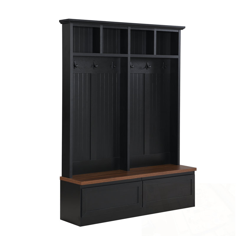 Hall Tree With Wood Grain Bench And 2 Large Drawers, Black