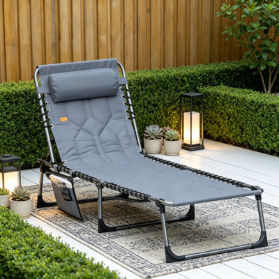 Outsunny Padded Folding Chaise Lounge Chair, Outdoor 6-Level Reclining Camping Tanning Chair With Headrest For Beach, Yard, Patio, Pool, Gray