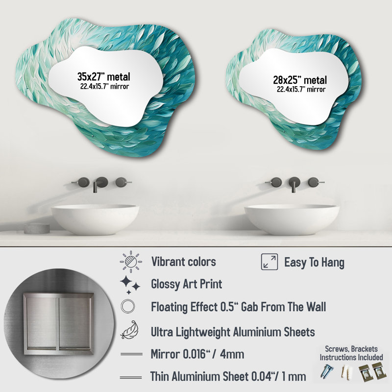 Green Turquoise Boho Feather Wave - Feathers 3D Shapes Irregular Modern Large Wall Mirror, 25" x 28"