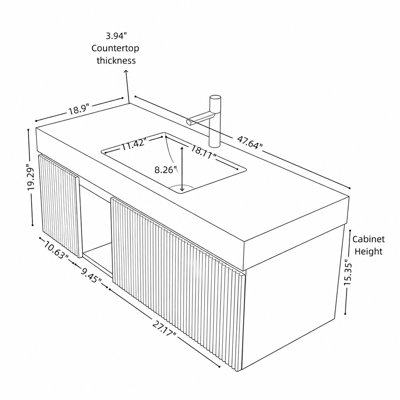 Meuble-lavabo suspendu de 122 cm (48 po) avec comptoir en pierre frittée couleur crème veinée or, lavabo en céramique et un trou pré-percé pour robinetterie.