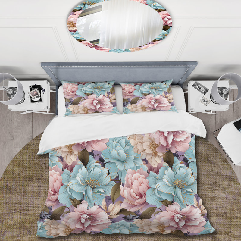Ensemble de housse de couette Blue And Pink Pastels Peonies Flowers Accent I
