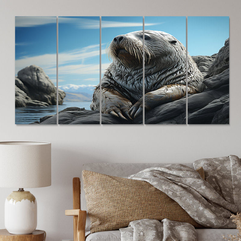 Morse de bord de mer majestueux - animaux, art mural salon - 5 panneaux égaux