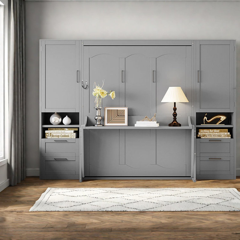Grands lits escamotables avec rangement, panneau de fibres à densité moyenne, chambre d'amis gris moderne