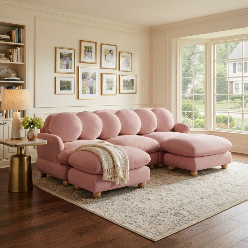 Ensemble de salon modulaire 5 pièces en chenille avec 2 poufs, 6 coussins ronds et pieds en bois massif, rose poudré