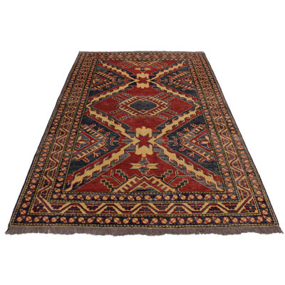 Tapis bleu / rouge en laine noué à la main à motif oriental 3 pi 8 po x 5 pi Lovorko