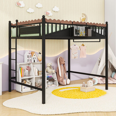Metal Loft Bed with Storage Shelves and Bookshelf