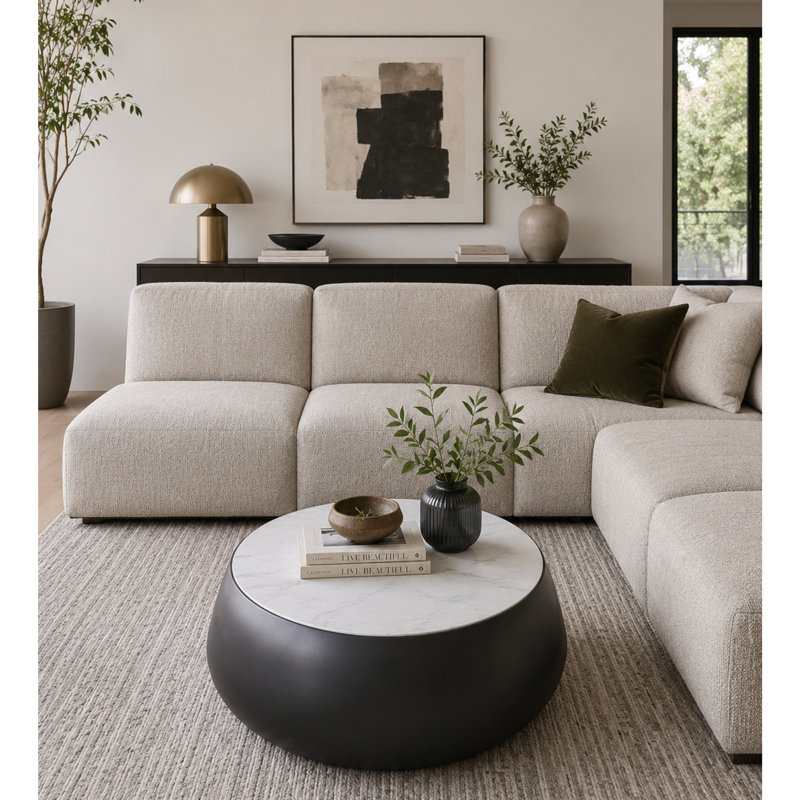  Table basse Harlow en marbre véritable avec base géométrique en métal, noir