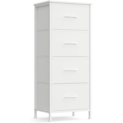 Commode pour chambre à coucher, commode, acier, panneau de fibres à densité moyenne, 4 tiroirs en tissu non tissé, unité de rangement, placard, entrée, blanc nuage et blanc neige