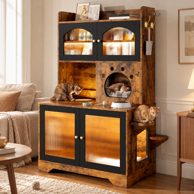 Enceinte de litière pour chat à 3 niveaux avec armoire de rangement, portes en verre cannelé et plateformes d'escalade