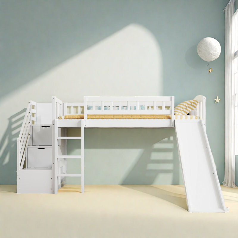 Lit mezzanine avec glissade, escalier de rangement et échelle, Blanc