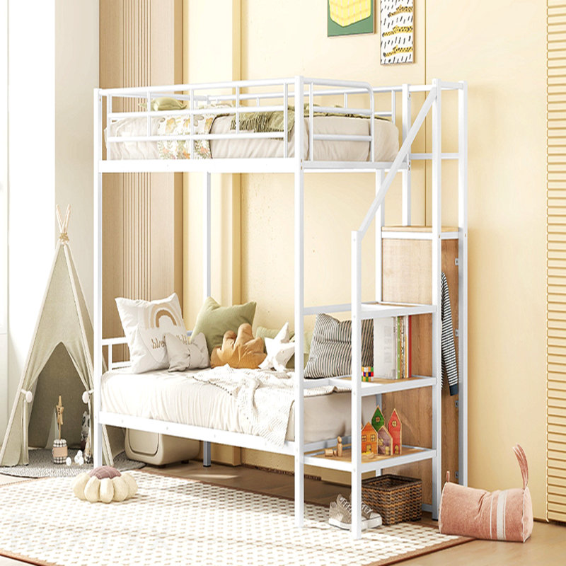 Lit superposé simple en métal avec échelle de rangement latérale et garde-robe, blanc