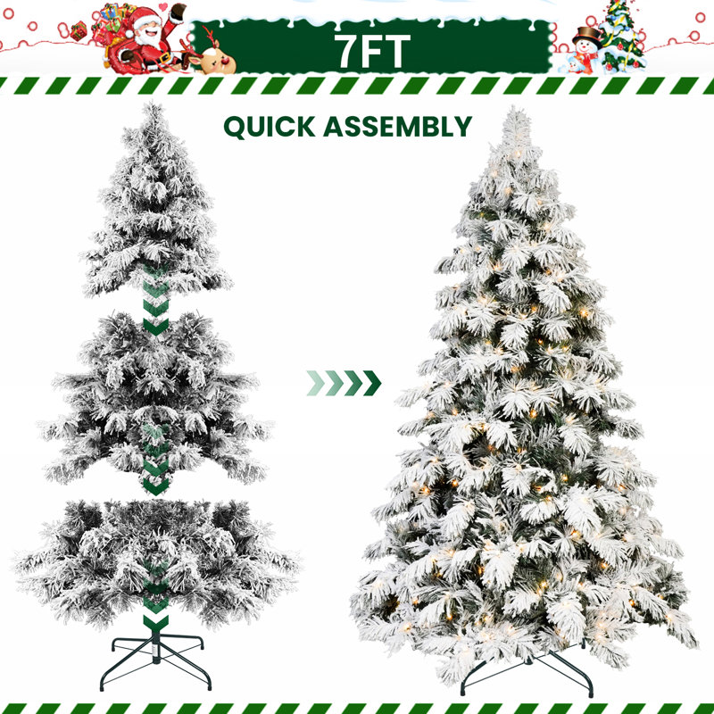 Épouvantail de 7 pi floqué - arbre de Noël d'apparence, 360 lumières DEL blanc chaud, 890 fils de mémoire, structure à charnières pour la configuration des outils, et équilibre de base en métal, pointes de fil, assemblage rapide,