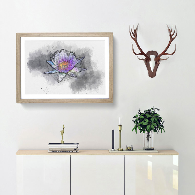 Violet Water Lily Sketch - Picture Frame Graphic Art Print, 40cm H x 60cm W x 2cm D, Oak Framed