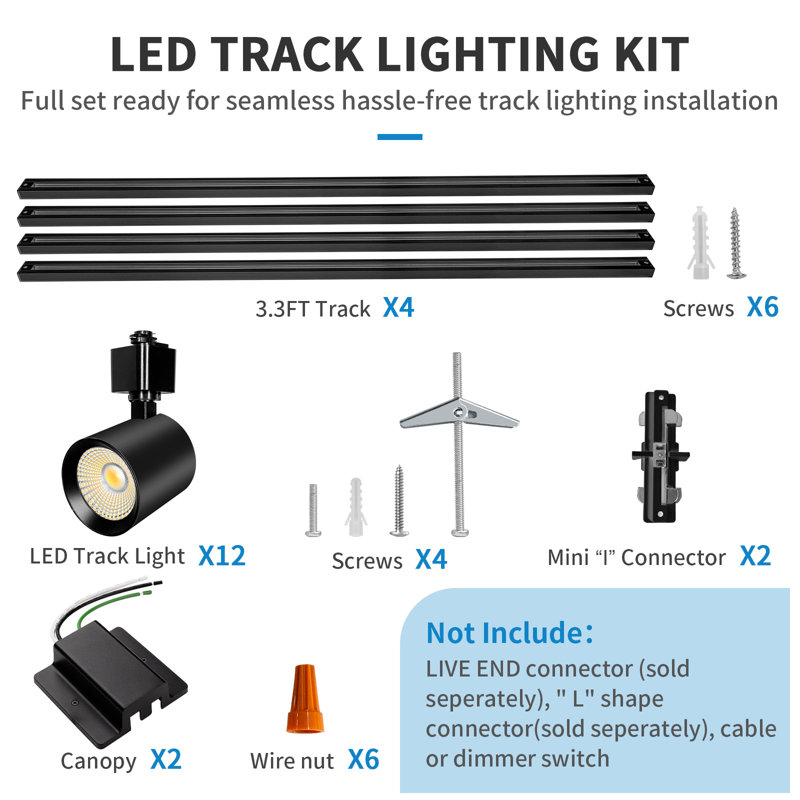 6 Light LED Track Lighting Kit with 6.6FT H Type Slideable Track Rail, Adjustable Position Ceiling Spotlight, Matte Black
