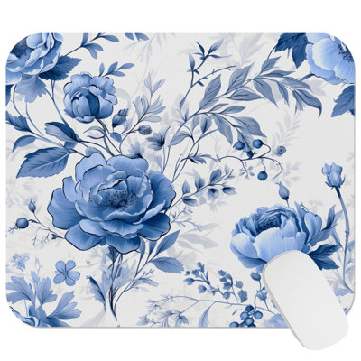 Chinoiserie Floral Blue Flowers and Leaves IX Asian Gaming Cute Office Laptop Desk Pad Gift Mat Square Rectangle Non-Slip Mousepad