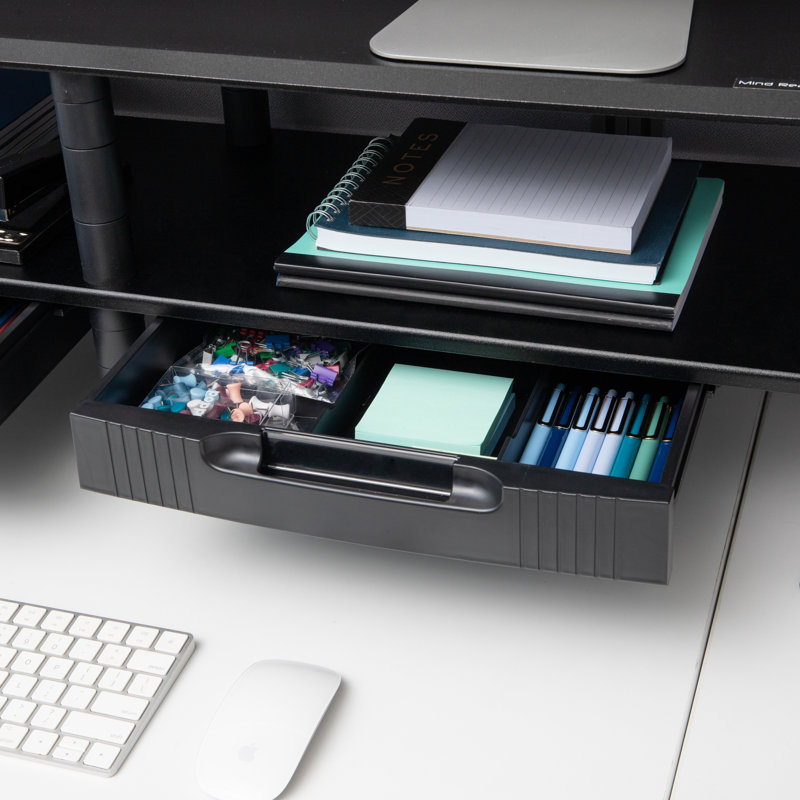 Black Dual Monitor Stand with Storage Shelves and Drawers