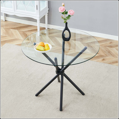 Round Glass Dining Table with Ring-Shaped Metal Legs