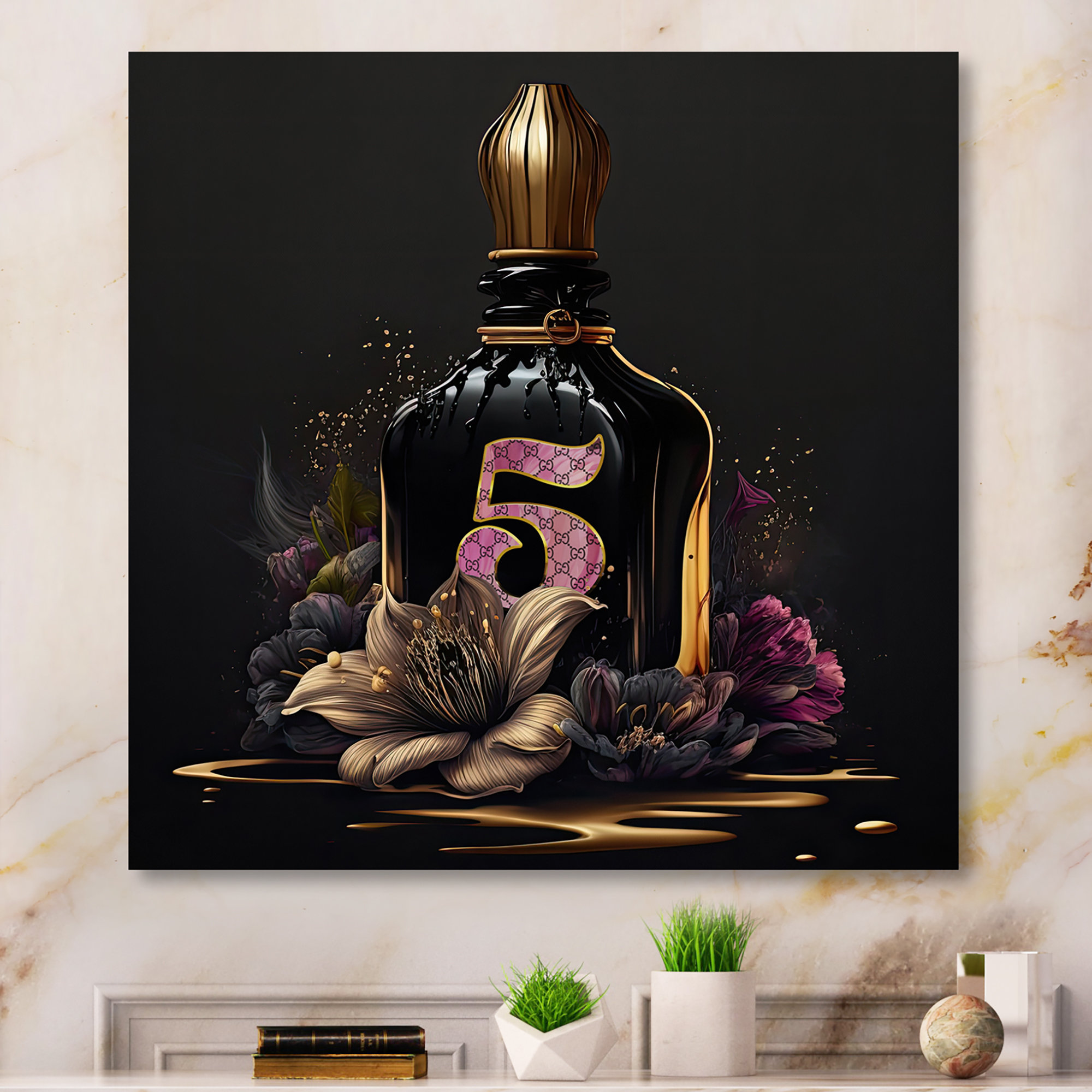 Designart 'Perfume Chanel Five with Butterflies' Modern Framed Canvas Wall Art Print