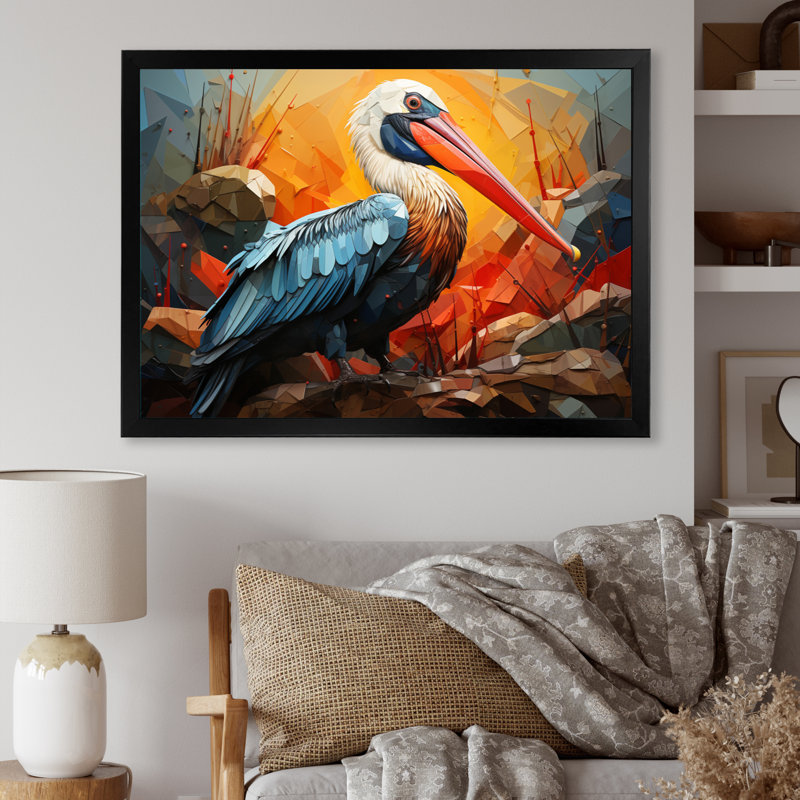 Orange Pelican Coastal Geometric II - Animals Canvas Wall Art, H 12 po x l 20 po x P 1 po, Cadre simple noir