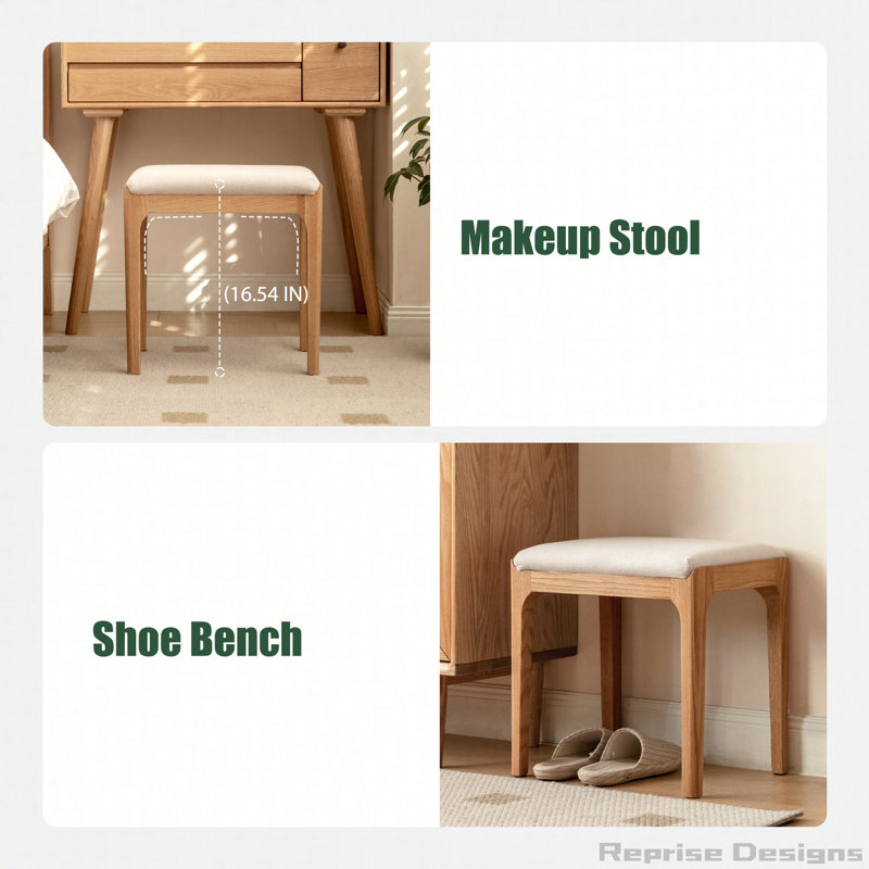 Tabouret de coiffeuse en bois massif avec assise rembourrée et capacité de 250 lb, Naturel